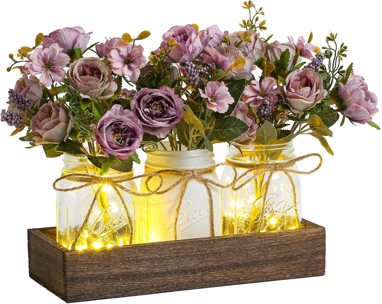 3-Piece Mason Jar Centerpiece with LED Lights & Wood Tray – Farmhouse Table Decor